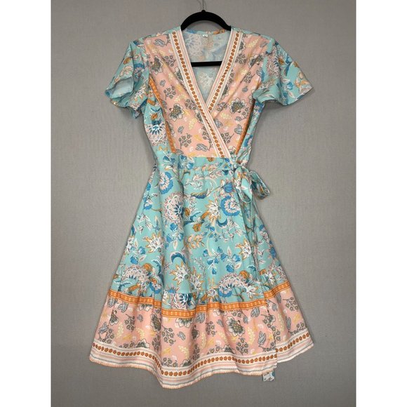 SHEIN Dresses & Skirts - SHEIN Wrap Floral Mini Dress Fit & Flare Flutter Sleeve V-Neck Size M Belted